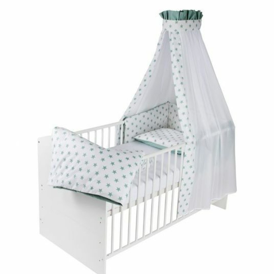 * Schardt Baby-Komplettbett-Set Classic-Line Inkl. Bettwasche, Himmel, Nestchen & Matratze Weis 70 X 140 Cm Big Stars Mint