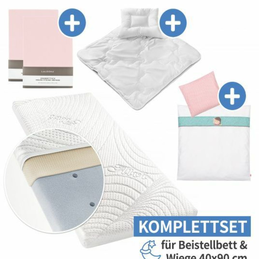 * Alvi 7-Tlg. Komplett-Set Fur Beistellbett & Wiege 90 40 Cm / Matratze + Spannbetttucher + Steppbett-Set + Bettwasche Bar Bruno Rosa