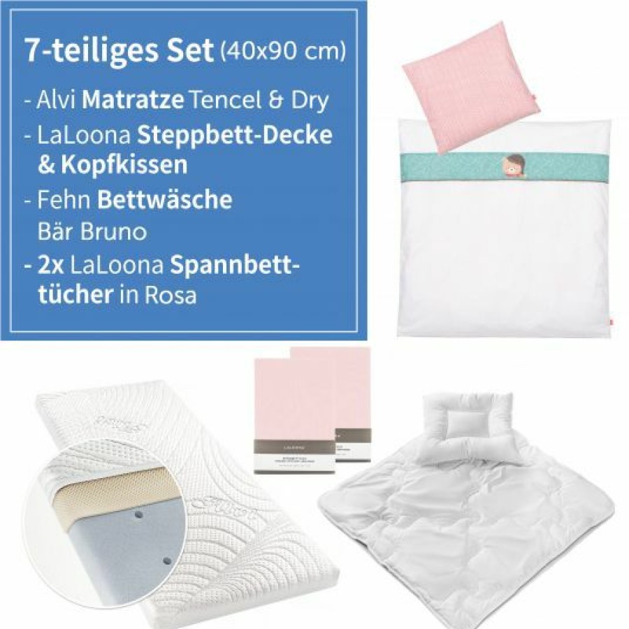 * Alvi 7-Tlg. Komplett-Set Fur Beistellbett & Wiege 90 40 Cm / Matratze + Spannbetttucher + Steppbett-Set + Bettwasche Bar Bruno Rosa