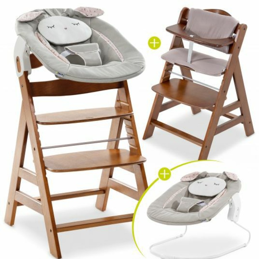 * Hauck Alpha Plus Walnut Newborn Set Powder Bunny 4-Tlg. Hochstuhl + Neugeborenenaufsatz + Sitzkissen Beige