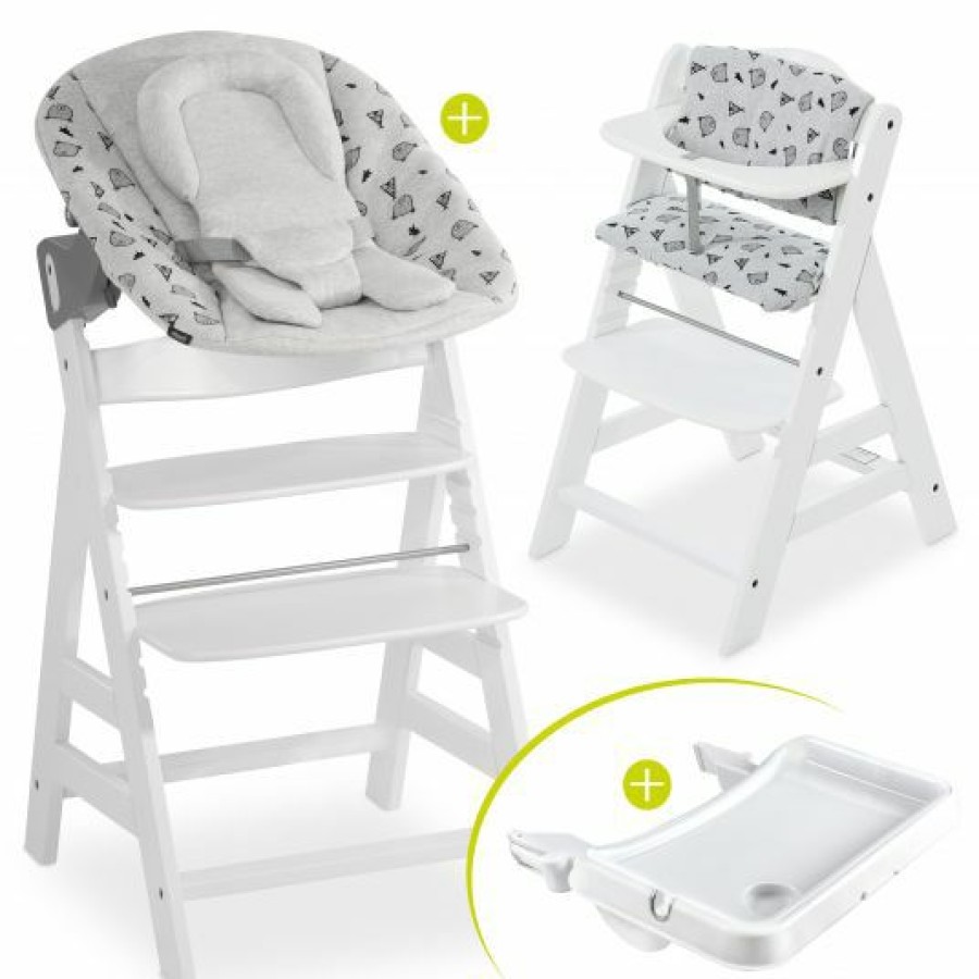 * Hauck Alpha Plus Weiss Xl Newborn Set Hochstuhl + 2In1 Aufsatz + Alpha Tray Essbrett + Sitzauflage Nordic Grey