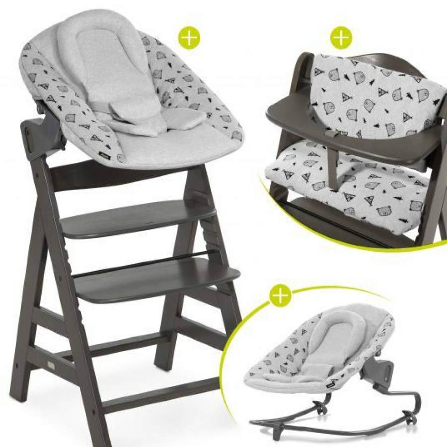 * Hauck Alpha Charcoal Select Newborn Set 4-Tlg. Hochstuhl + Aufsatz & Wippe Premium (Verstellbar) Nordic Grey + Sitzpolster