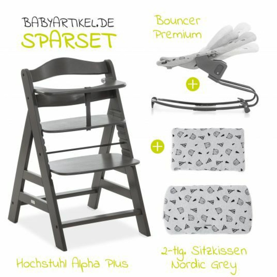 * Hauck Alpha Charcoal Select Newborn Set 4-Tlg. Hochstuhl + Aufsatz & Wippe Premium (Verstellbar) Nordic Grey + Sitzpolster