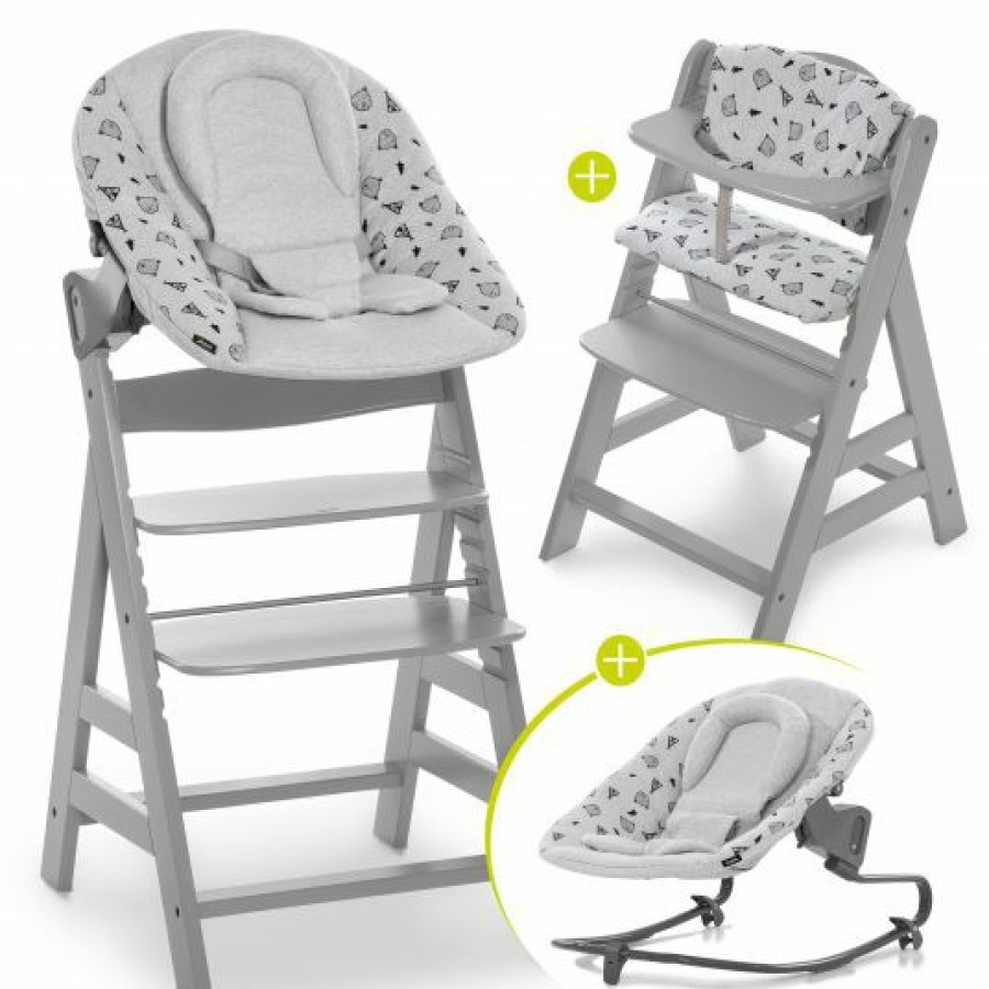 * Hauck Alpha Plus Grau Newborn Set 4-Tlg. Hochstuhl + Aufsatz & Wippe Premium Nordic Grey + Sitzpolster