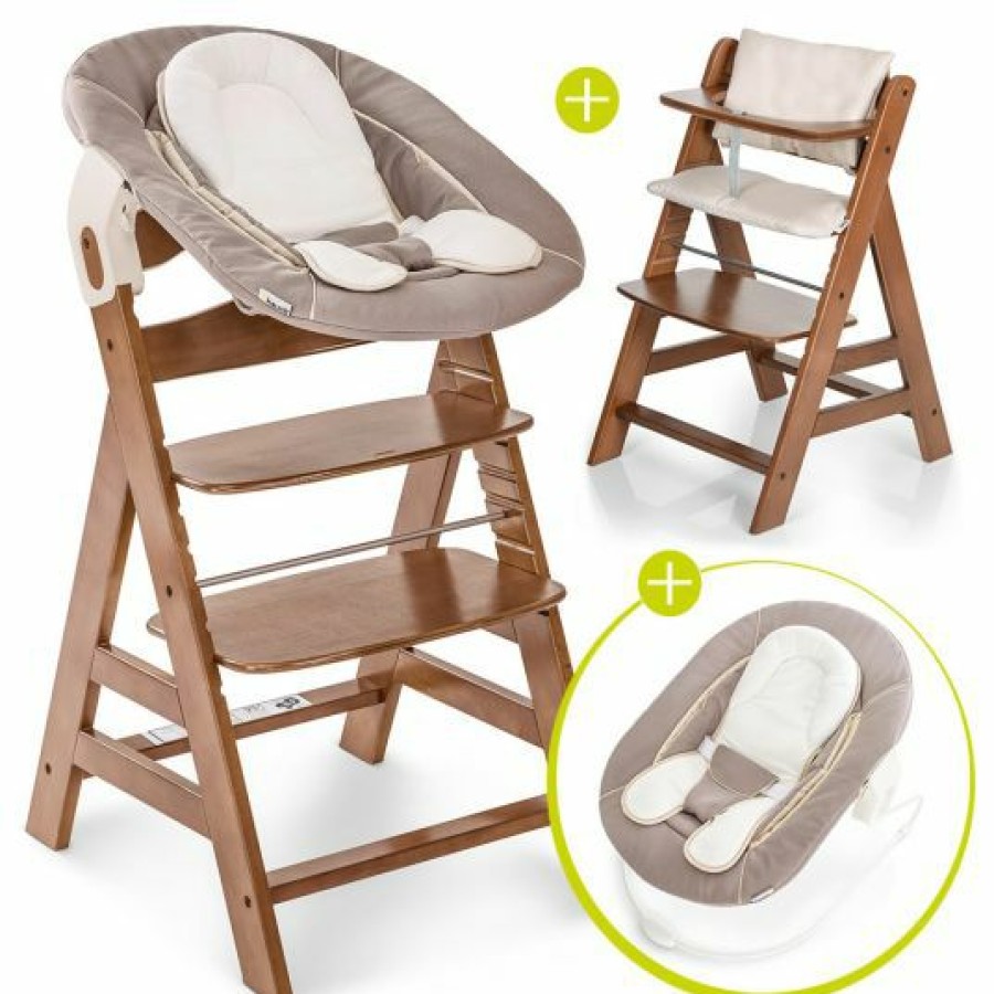 * Hauck Alpha Plus Walnut Newborn Set 4-Tlg. Hochstuhl + Neugeboreneneinsatz & Wippe Stretch Beige + Sitzpolster