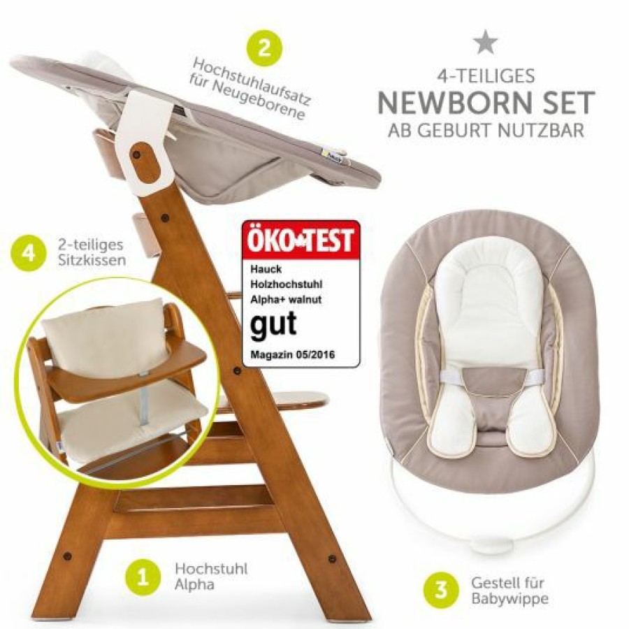 * Hauck Alpha Plus Walnut Newborn Set 4-Tlg. Hochstuhl + Neugeboreneneinsatz & Wippe Stretch Beige + Sitzpolster