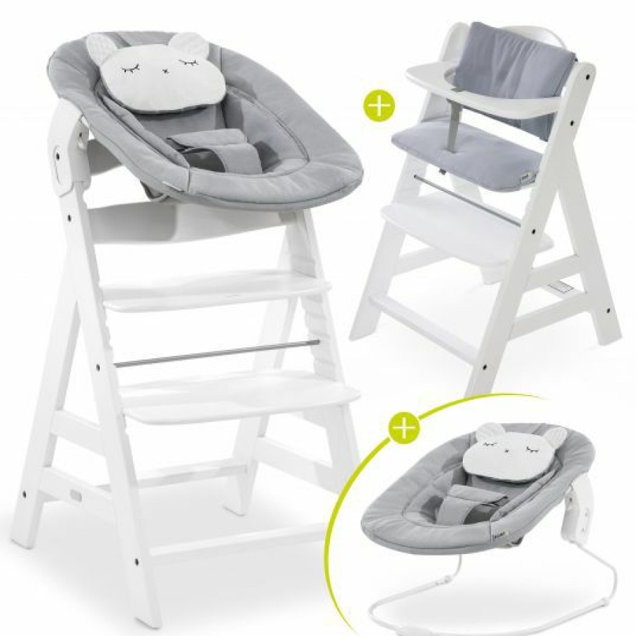 * Hauck Alpha Plus White Newborn Set Pastell Bear 4-Tlg. Hochstuhl + Neugeborenenaufsatz + Sitzkissen Grey