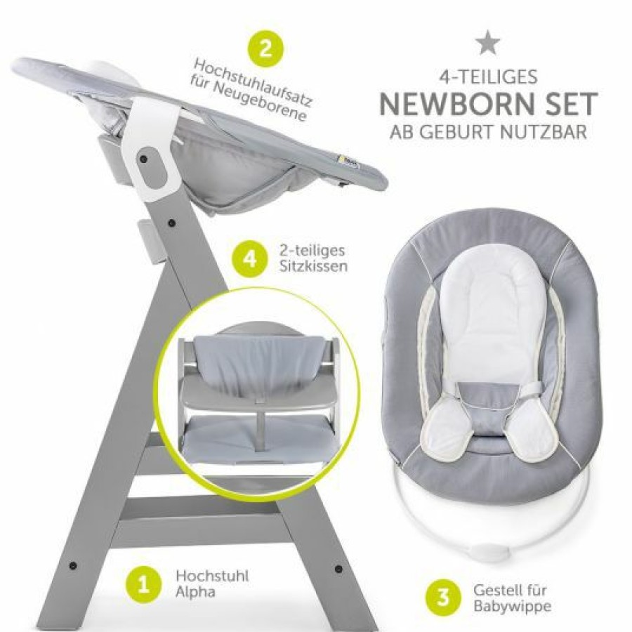 * Hauck Alpha Plus Grey Newborn Set 4-Tlg. Hochstuhl + Neugeborenenaufsatz & Wippe Stretch Grey + Sitzkissen