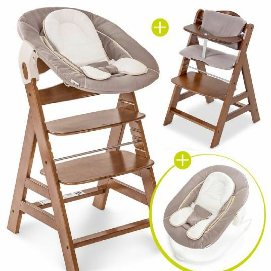 * Hauck Alpha Plus Walnut Newborn Set 4-Tlg. Hochstuhl + Neugeborenenaufsatz & Wippe Stretch Beige + Sitzkissen