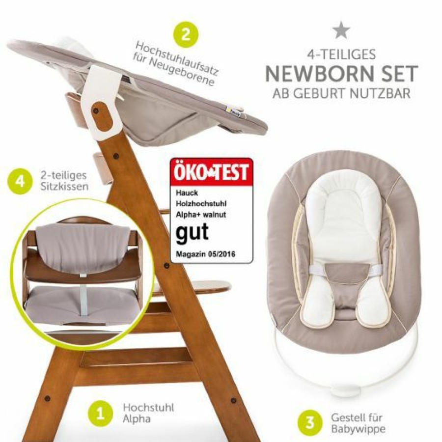 * Hauck Alpha Plus Walnut Newborn Set 4-Tlg. Hochstuhl + Neugeborenenaufsatz & Wippe Stretch Beige + Sitzkissen