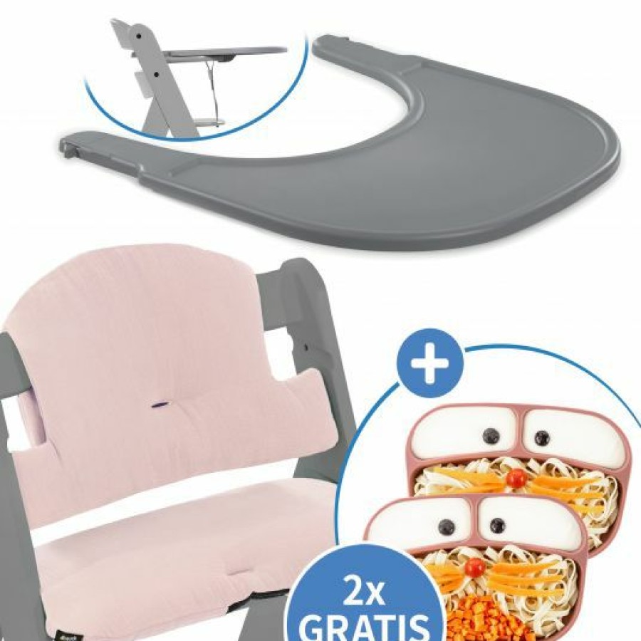 * Hauck 5-Tlg. Essbrett-Set Fur Alpha Plus Click Tray + Sitzkissen + Gratis 2X Silikon-Teller Grey Muslin Rose