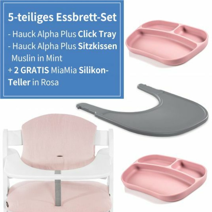 * Hauck 5-Tlg. Essbrett-Set Fur Alpha Plus Click Tray + Sitzkissen + Gratis 2X Silikon-Teller Grey Muslin Rose