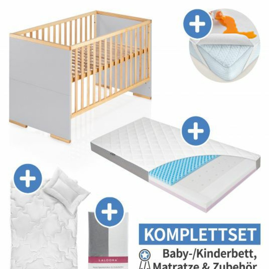 * Schardt 7-Tlg. Kinderbett Set & Matratze Dr. Lubbe Air, Steppbett 100 135+40 60, 2X Bettlaken, Einlage 70 X 140 Cm Natur Grau