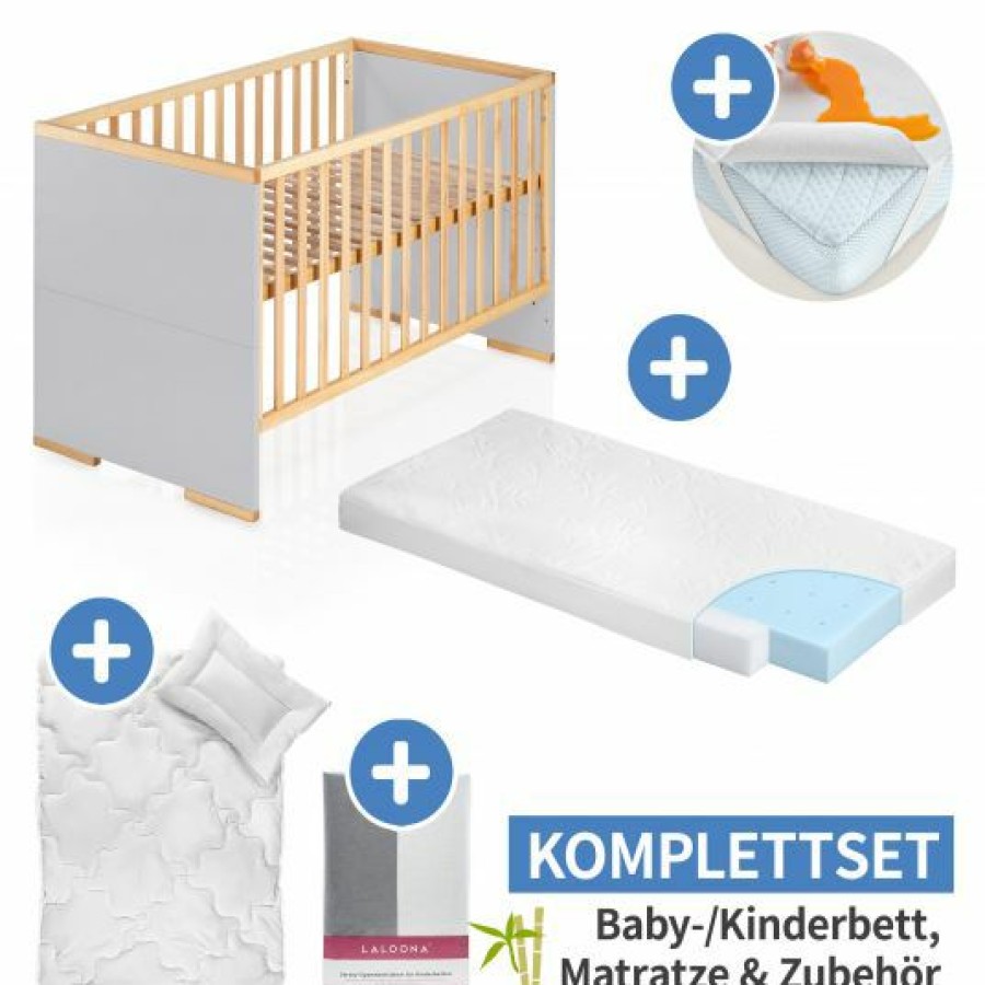 * Schardt 7-Tlg. Kinderbett Set & Matratze Bamboo, Steppbett 100 135+40 60, 2X Bettlaken, Einlage 70 X 140 Cm Natur Grau