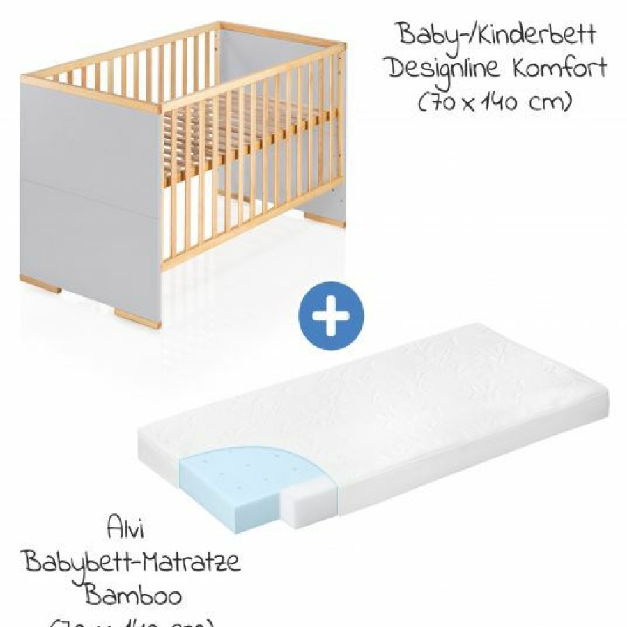 * Schardt 7-Tlg. Kinderbett Set & Matratze Bamboo, Steppbett 100 135+40 60, 2X Bettlaken, Einlage 70 X 140 Cm Natur Grau