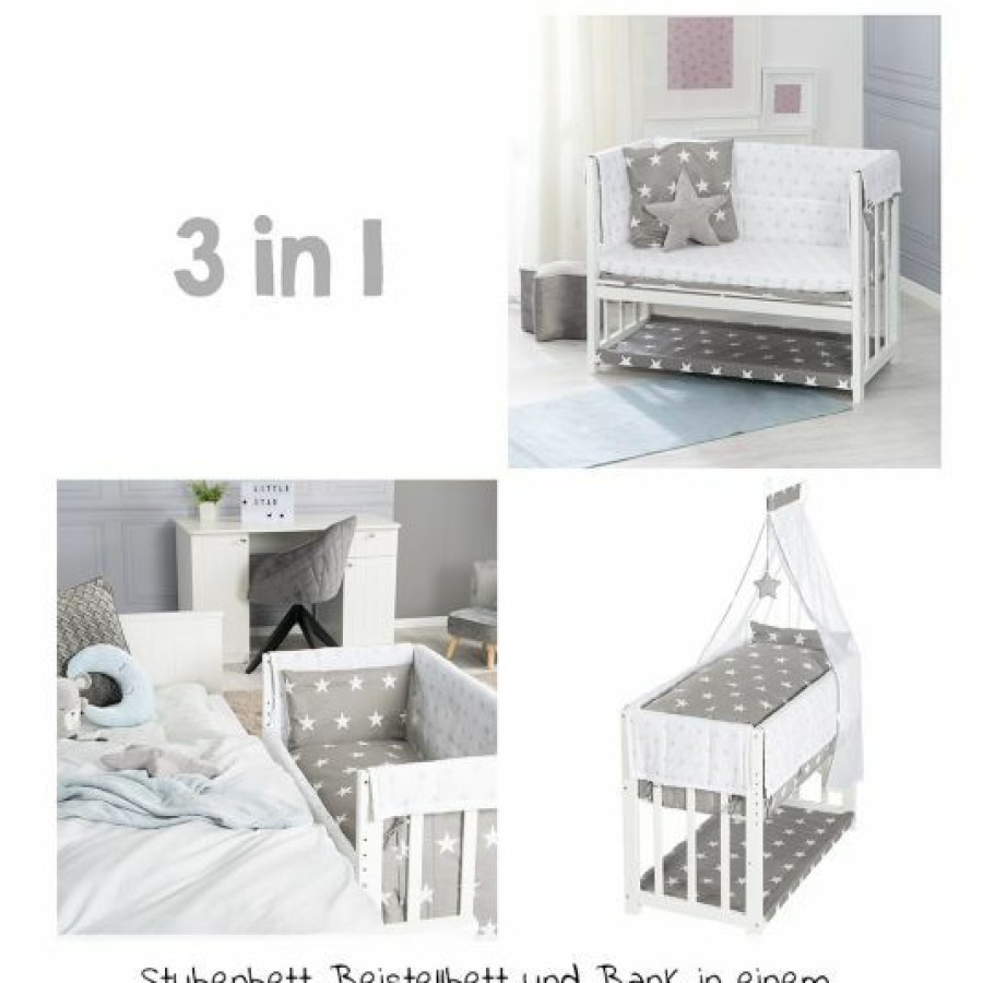 * Roba 3In1 Stubenbett, Beistellbett, Bank & Textile-Ausstattung Little Stars Weis