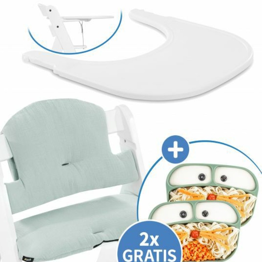 * Hauck 5-Tlg. Essbrett-Set Fur Alpha Plus Click Tray + Sitzkissen + Gratis 2X Silikon-Teller White Muslin Mint