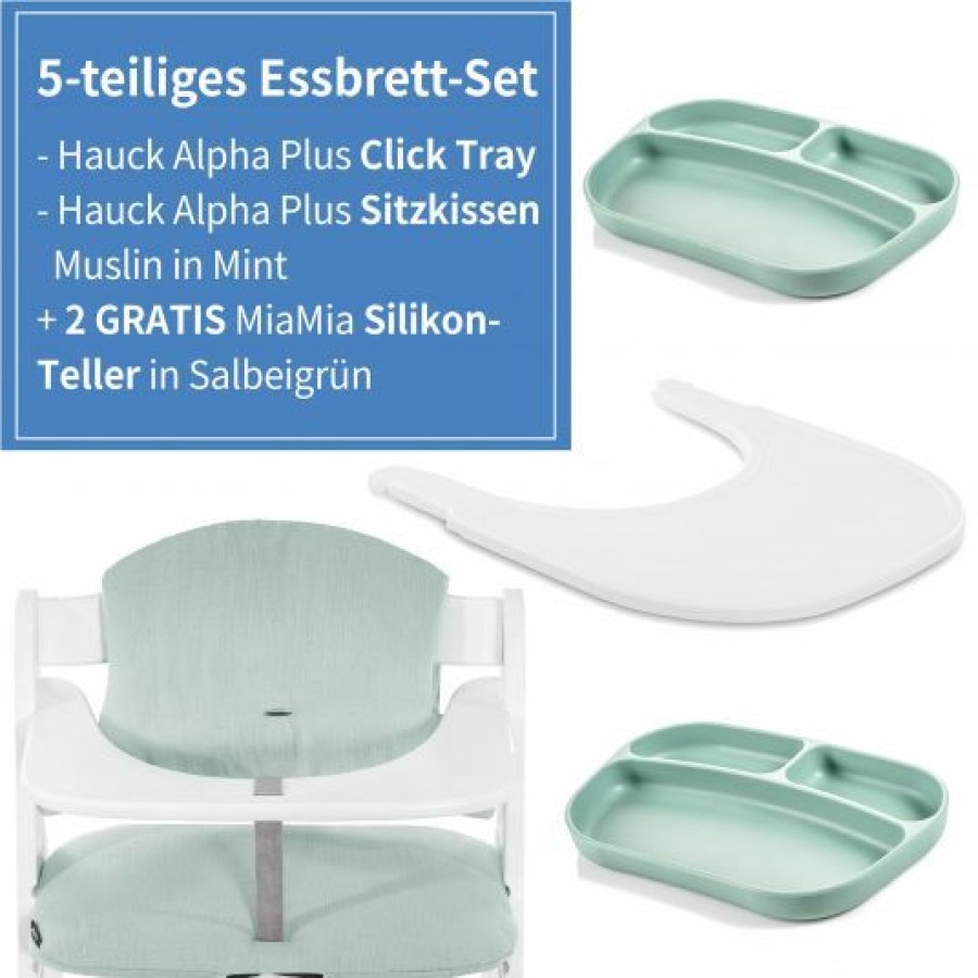 * Hauck 5-Tlg. Essbrett-Set Fur Alpha Plus Click Tray + Sitzkissen + Gratis 2X Silikon-Teller White Muslin Mint