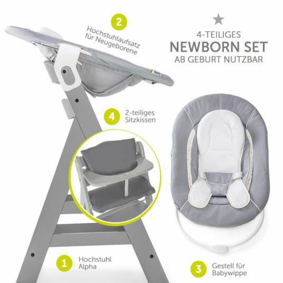 * Hauck Alpha Plus Grey Newborn Set 4-Tlg. Hochstuhl + Neugeboreneneinsatz & Wippe Stretch Grey + Sitzpolster