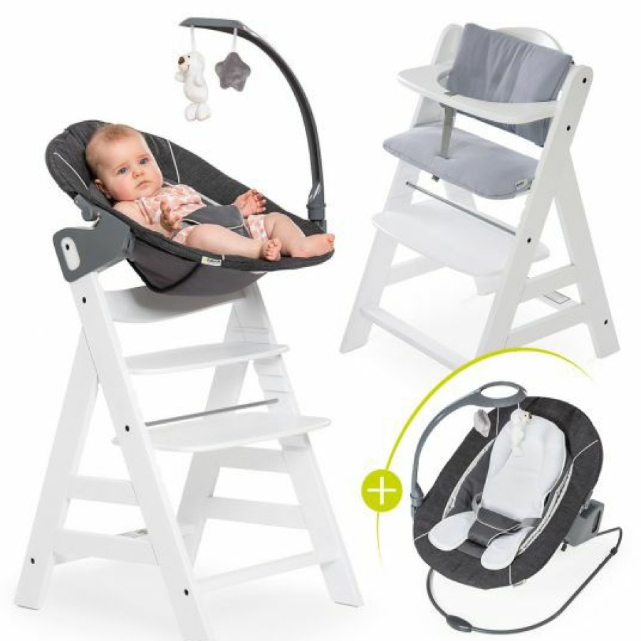 * Hauck Alpha Plus Weis Newborn Set Deluxe 4-Tlg. Hochstuhl + Neugeborenenaufsatz Sand (Ruckenlehne Verstellbar) + Sitzkissen