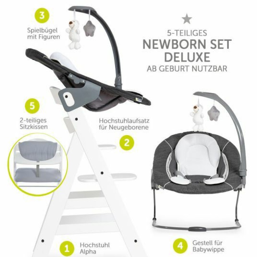 * Hauck Alpha Plus Weis Newborn Set Deluxe 4-Tlg. Hochstuhl + Neugeborenenaufsatz Sand (Ruckenlehne Verstellbar) + Sitzkissen