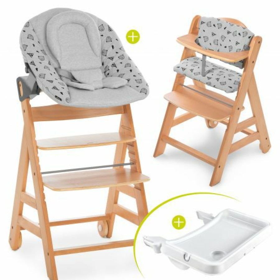 * Hauck Alpha Plus Natur Xl Newborn Set Hochstuhl + 2In1 Aufsatz + Alpha Tray Essbrett + Sitzauflage Nordic Grey