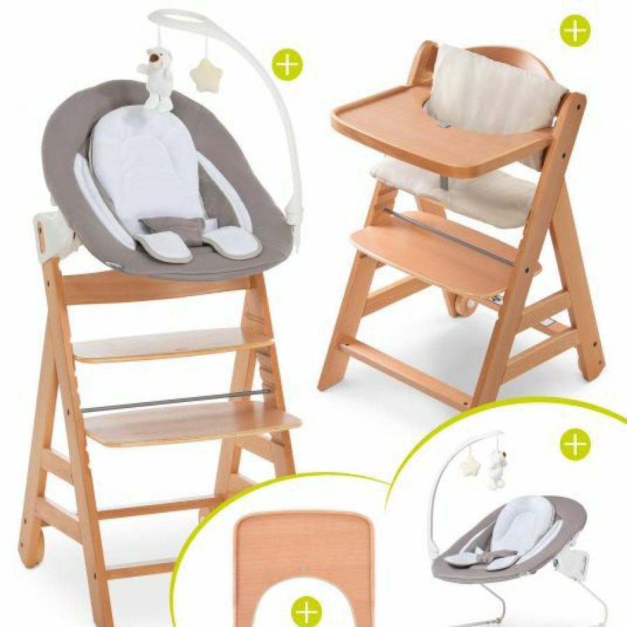 * Hauck Alpha Move Natur Newborn Set 5-Tlg. Hochstuhl + Aufsatz & Wippe Deluxe, Essbrett, Sitzkissen Sand