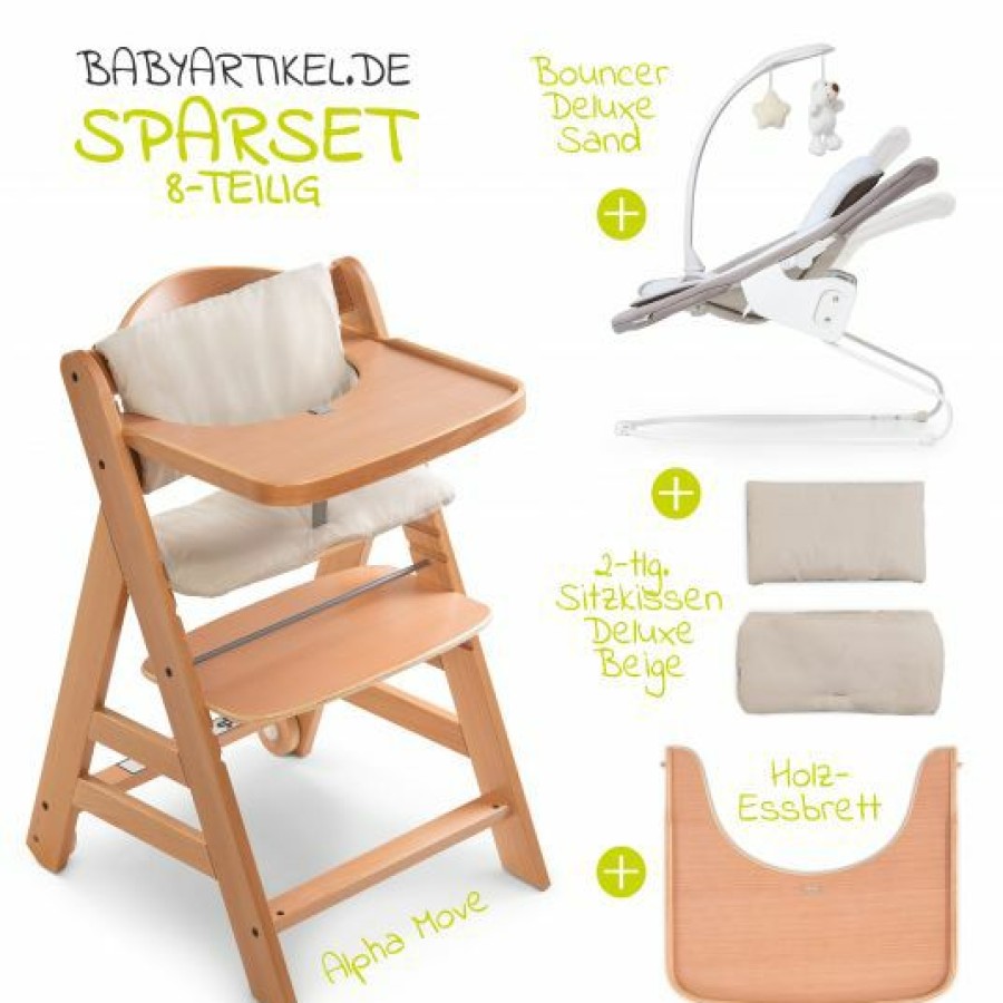 * Hauck Alpha Move Natur Newborn Set 5-Tlg. Hochstuhl + Aufsatz & Wippe Deluxe, Essbrett, Sitzkissen Sand