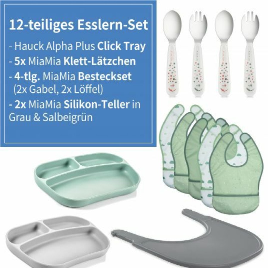 * Hauck 12-Tlg. Esslern-Set Fur Alpha Plus Essbrett Click Tray + 2X Teller + 2X Besteck + 5X Klettlatzchen Grau Salbei