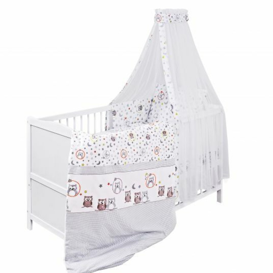 * Jonka Babybett-Komplett-Set Mona Inkl. Bettwasche, Himmel, Nestchen & Matratze 70 X 140 Cm Eulenpaar Weis