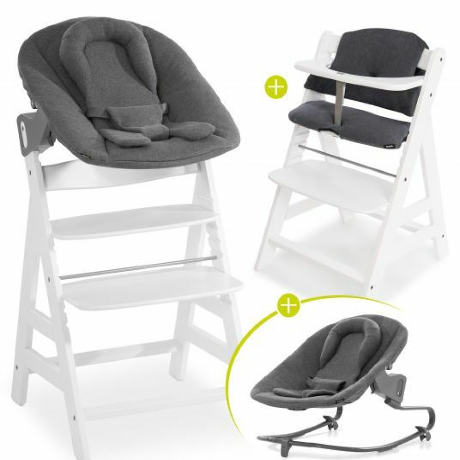 * Hauck Alpha Plus White Newborn Set 4-Tlg. Hochstuhl + Aufsatz & Wippe Premium Jersey Charcoal + Sitzpolster