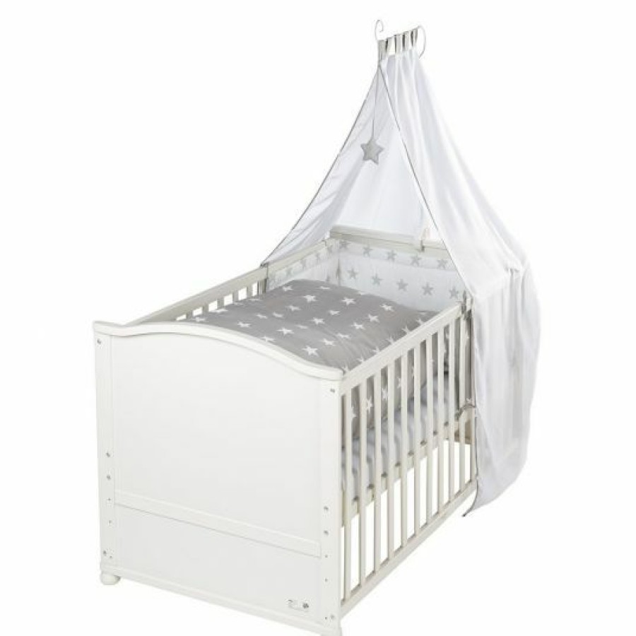 * Roba Baby-Komplett-Bett Lukas Inkl. Bettwasche, Himmel, Himmelstange, Nestchen & Matratze Weis 70 X 140 Cm Little Stars