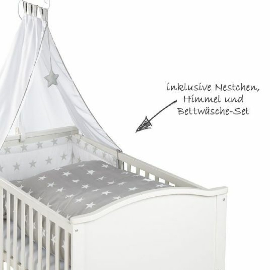 * Roba Baby-Komplett-Bett Lukas Inkl. Bettwasche, Himmel, Himmelstange, Nestchen & Matratze Weis 70 X 140 Cm Little Stars