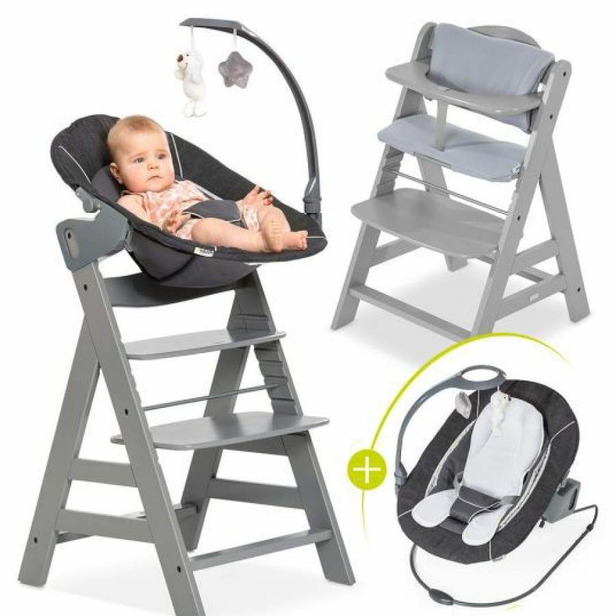 * Hauck Alpha Plus Grau Newborn Set Deluxe 4-Tlg. Hochstuhl + Neugeborenenaufsatz Grey (Ruckenlehne Verstellbar) + Sitzkissen