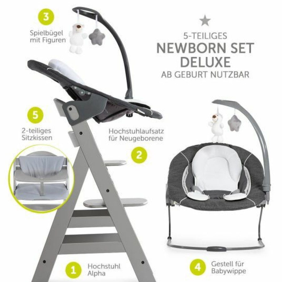 * Hauck Alpha Plus Grau Newborn Set Deluxe 4-Tlg. Hochstuhl + Neugeborenenaufsatz Grey (Ruckenlehne Verstellbar) + Sitzkissen