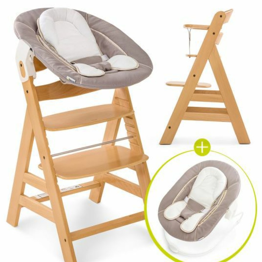 * Hauck Alpha Plus Natur Newborn Set 3-Tlg. Hochstuhl + Neugeboreneneinsatz & Wippe Stretch Beige