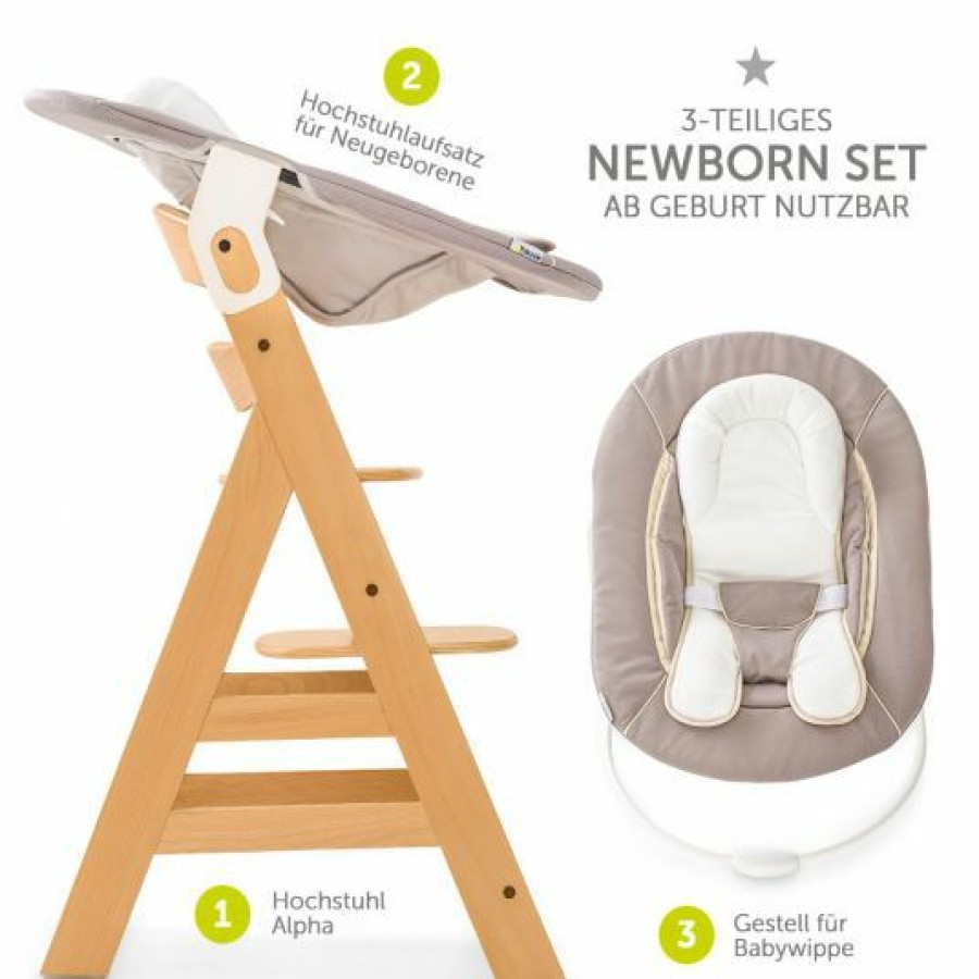 * Hauck Alpha Plus Natur Newborn Set 3-Tlg. Hochstuhl + Neugeboreneneinsatz & Wippe Stretch Beige