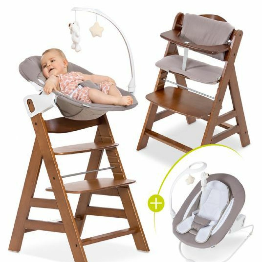 * Hauck Alpha Plus Walnut Newborn Set Deluxe 4-Tlg. Hochstuhl + Neugeborenenaufsatz (Ruckenlehne Verstellbar) + Sitzkissen