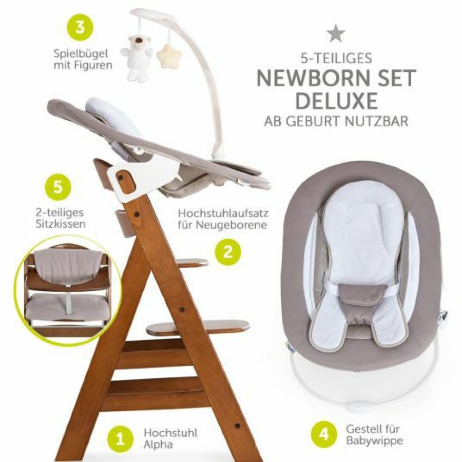 * Hauck Alpha Plus Walnut Newborn Set Deluxe 4-Tlg. Hochstuhl + Neugeborenenaufsatz (Ruckenlehne Verstellbar) + Sitzkissen