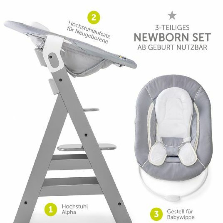 * Hauck Alpha Plus Grey Newborn Set 3-Tlg. Hochstuhl + Neugeboreneneinsatz & Wippe Stretch Grey