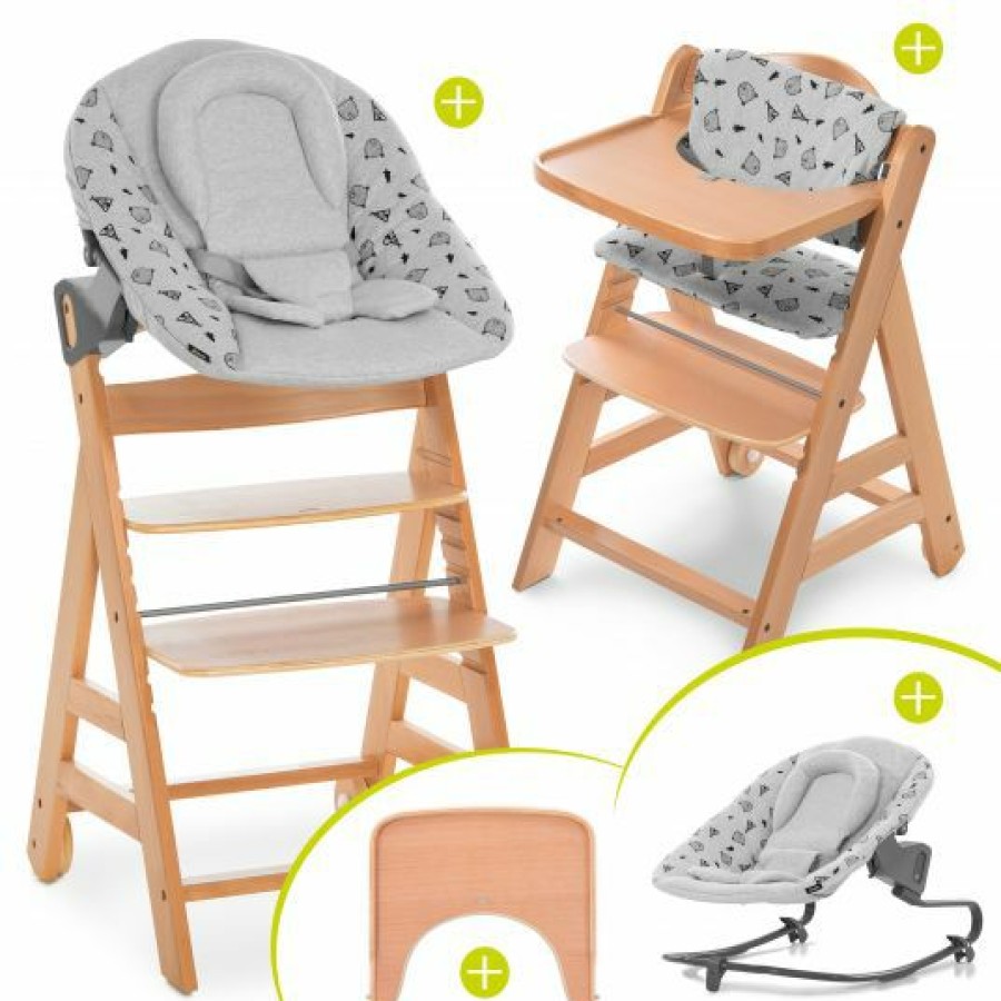 * Hauck Alpha Move Natur Newborn Set 5-Tlg. Hochstuhl + Aufsatz & Wippe Premium, Essbrett, Sitzkissen Nordic Grey