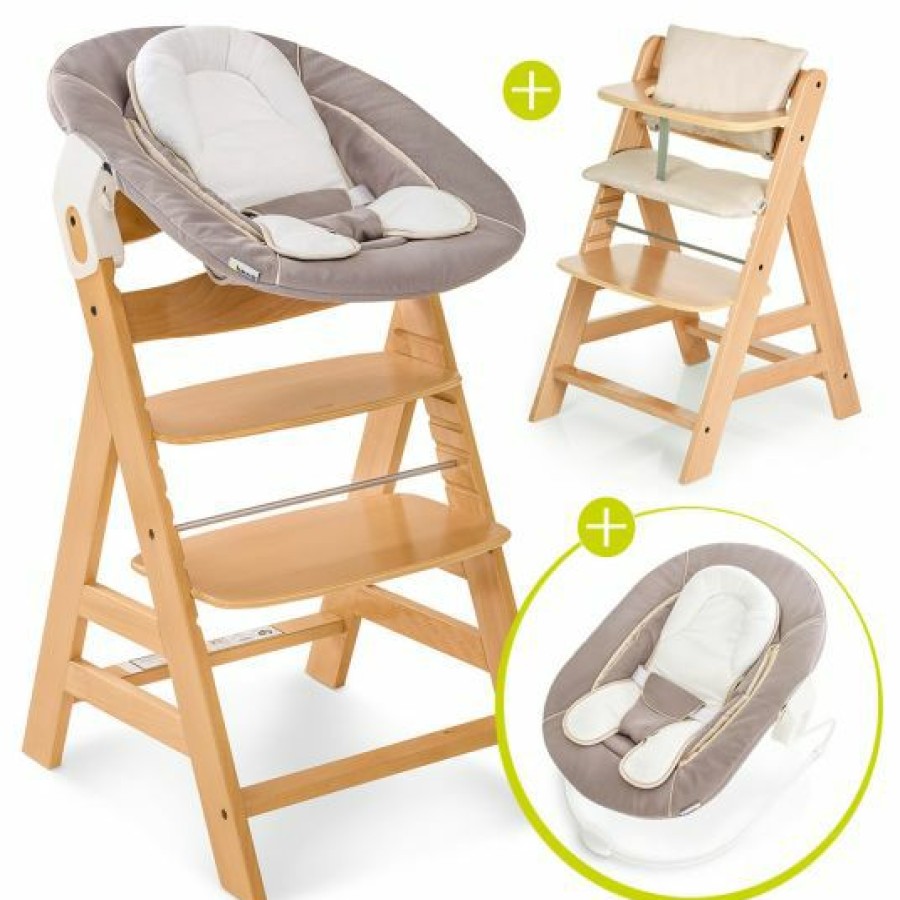 * Hauck Alpha Plus Natur Newborn Set 4-Tlg. Hochstuhl + Neugeboreneneinsatz & Wippe Stretch Beige + Sitzpolster