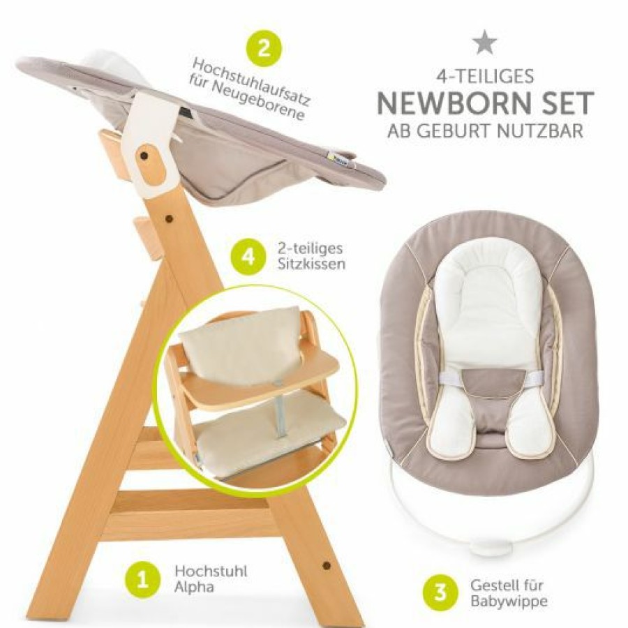 * Hauck Alpha Plus Natur Newborn Set 4-Tlg. Hochstuhl + Neugeboreneneinsatz & Wippe Stretch Beige + Sitzpolster