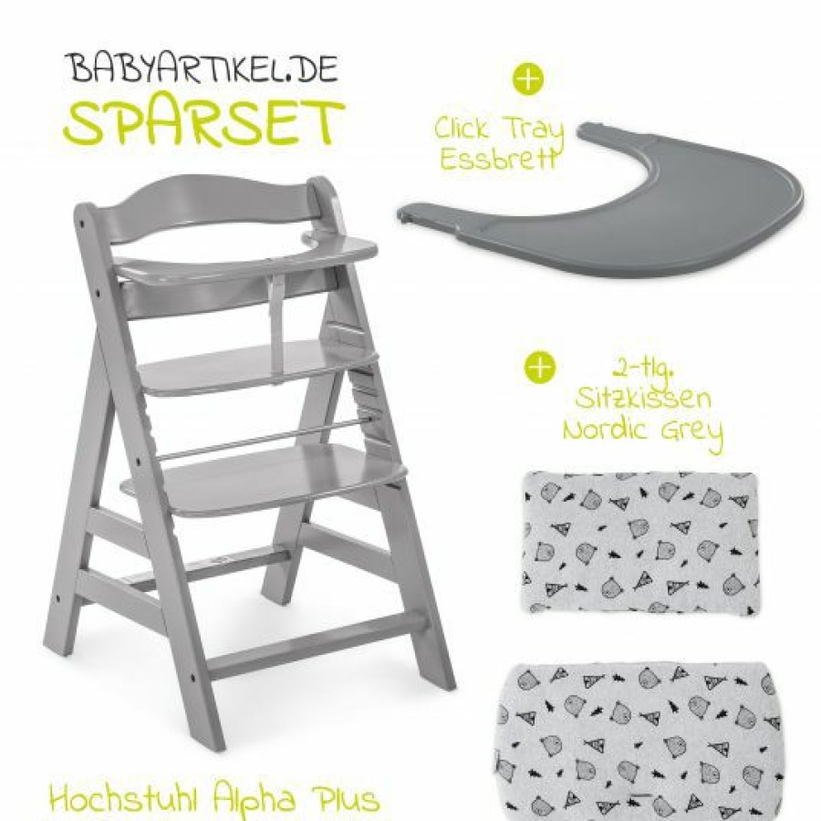 * Hauck Hochstuhl Alpha Plus Grau Im Sparset Inkl. Essbrett Click Tray + Sitzkissen Nordic Grey