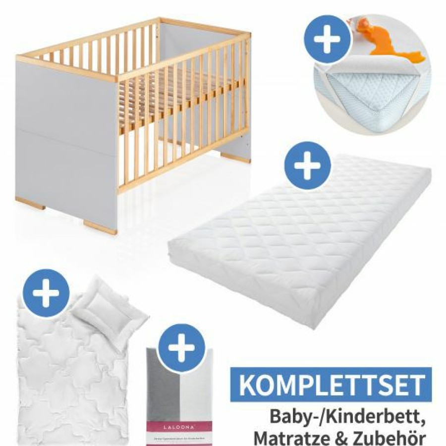 * Schardt 7-Tlg. Kinderbett Set & Matratze Air Allround, Steppbett 100 135+40 60, 2X Bettlaken, Einlage 70 X 140 Cm Natur Grau