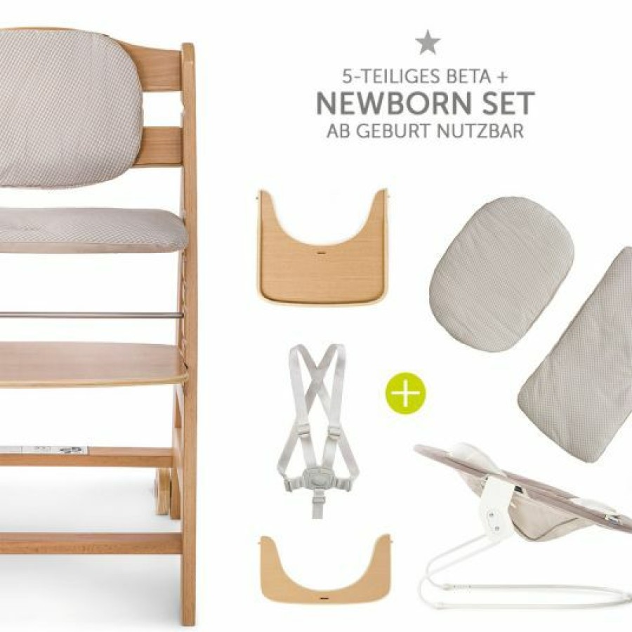 * Hauck Beta Plus Natur Newborn Set 5-Tlg. Hochstuhl + Neugeboreneneinsatz & Wippe Stretch Beige + Essbrett + Sitzpolster