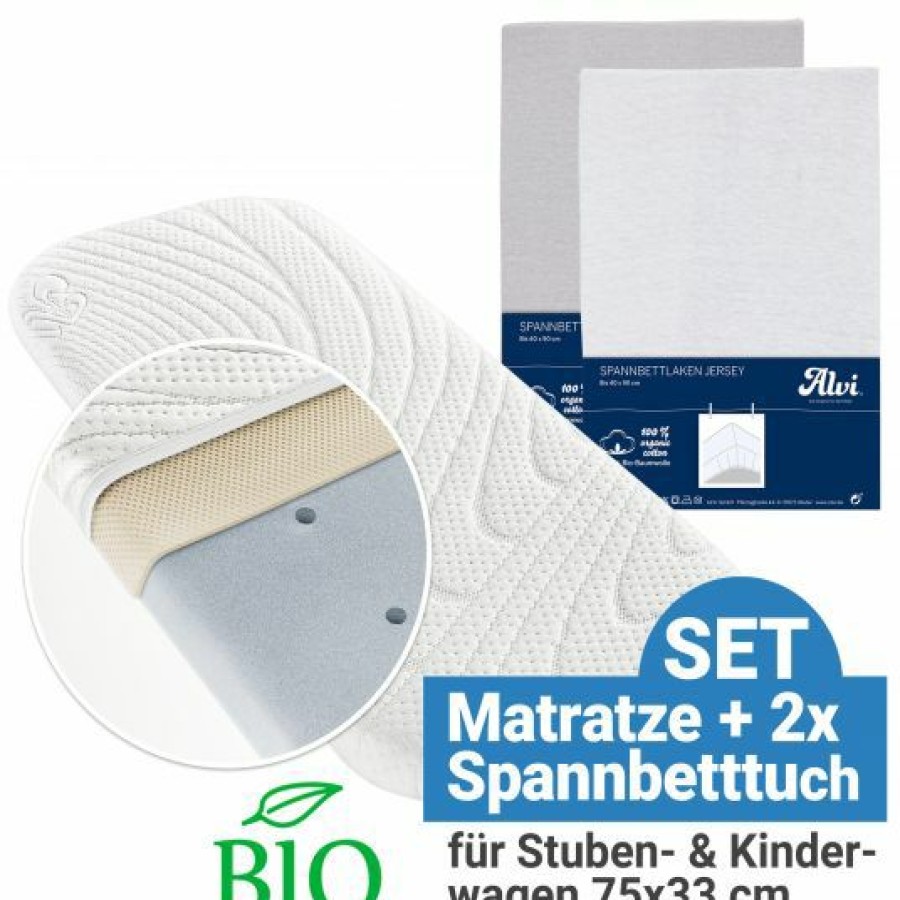 * Alvi 3-Tlg. Matratzen-Set Fur Kinderwagen 75 X 33 Cm Weis & Silbergrau