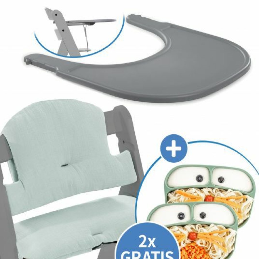 * Hauck 5-Tlg. Essbrett-Set Fur Alpha Plus Click Tray + Sitzkissen + Gratis 2X Silikon-Teller Grey Muslin Mint