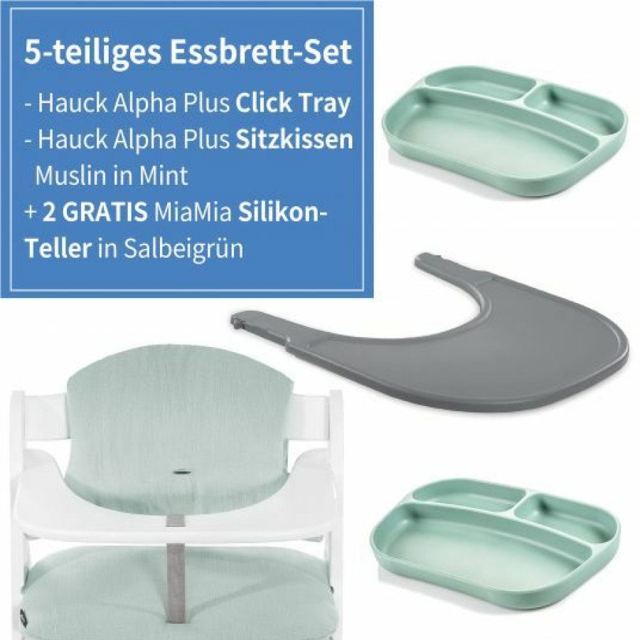 * Hauck 5-Tlg. Essbrett-Set Fur Alpha Plus Click Tray + Sitzkissen + Gratis 2X Silikon-Teller Grey Muslin Mint