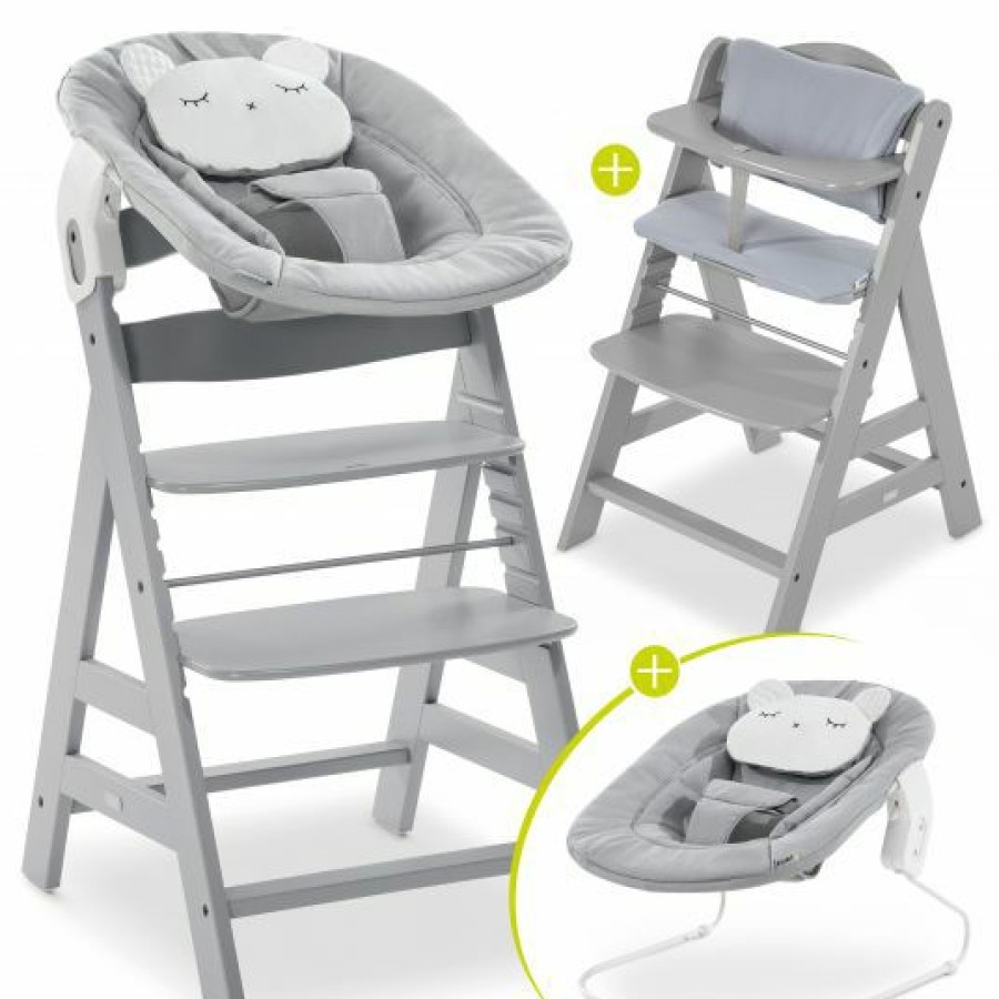 * Hauck Alpha Plus Grey Newborn Set Pastell Bear 4-Tlg. Hochstuhl + Neugeborenenaufsatz + Sitzkissen Grau